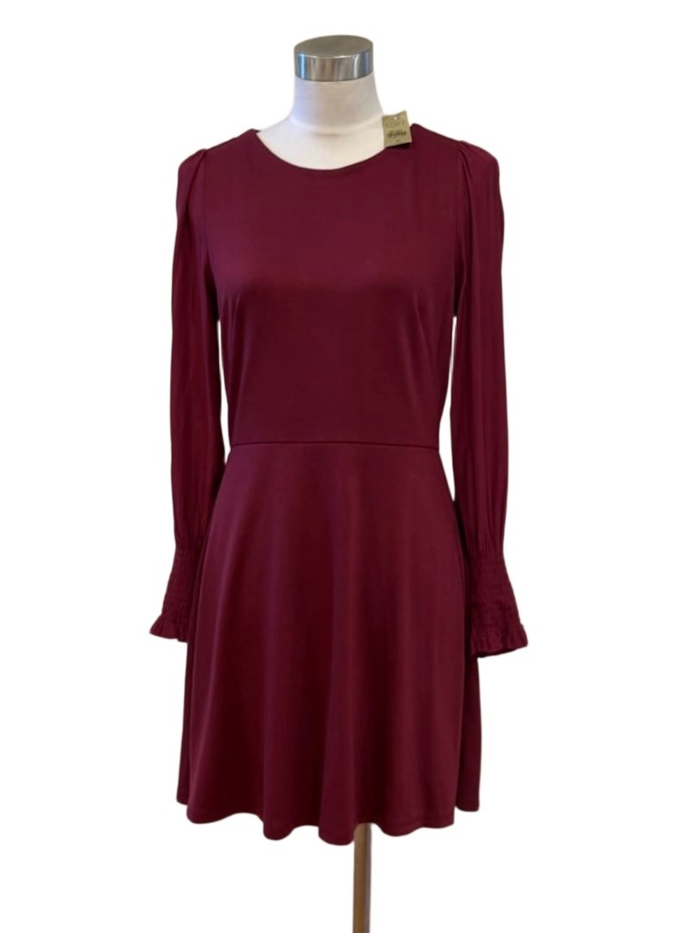 Ann Taylor Loft maroon Burgundy knit flounce dress with smocking full sleeve 4 P